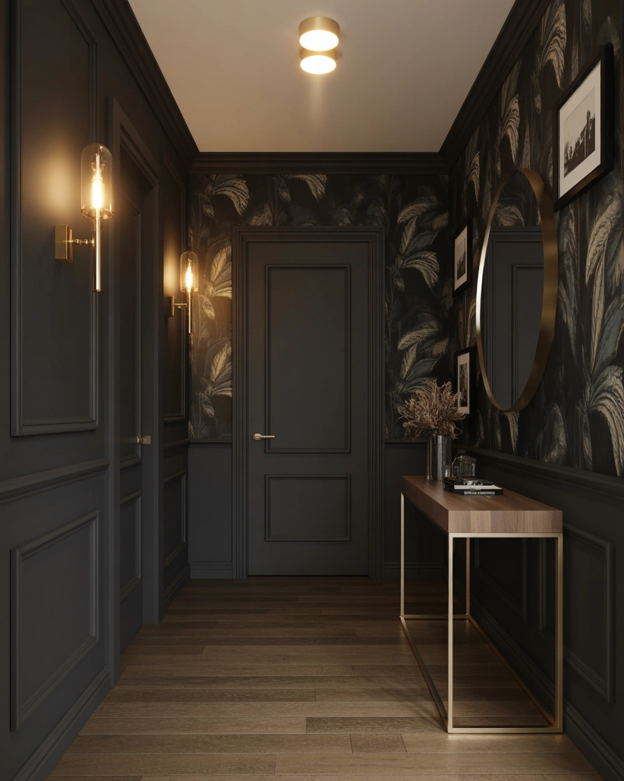 Dark Moody Hallway With Black Panelling and Statement Wallpaper