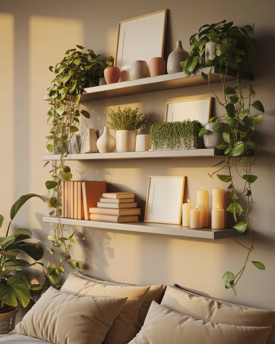 Decorate Bedroom Shelves With Small Potted Plants