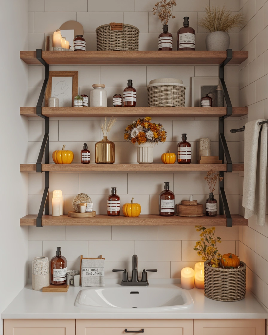 Decorate Open Shelves with Autumn Bathroom Accessories