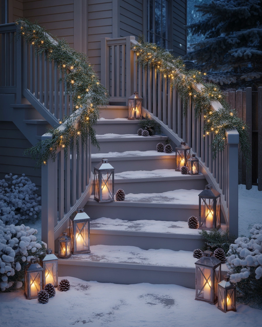 Decorate Your Outdoor Steps With Winter Lanterns and Lights