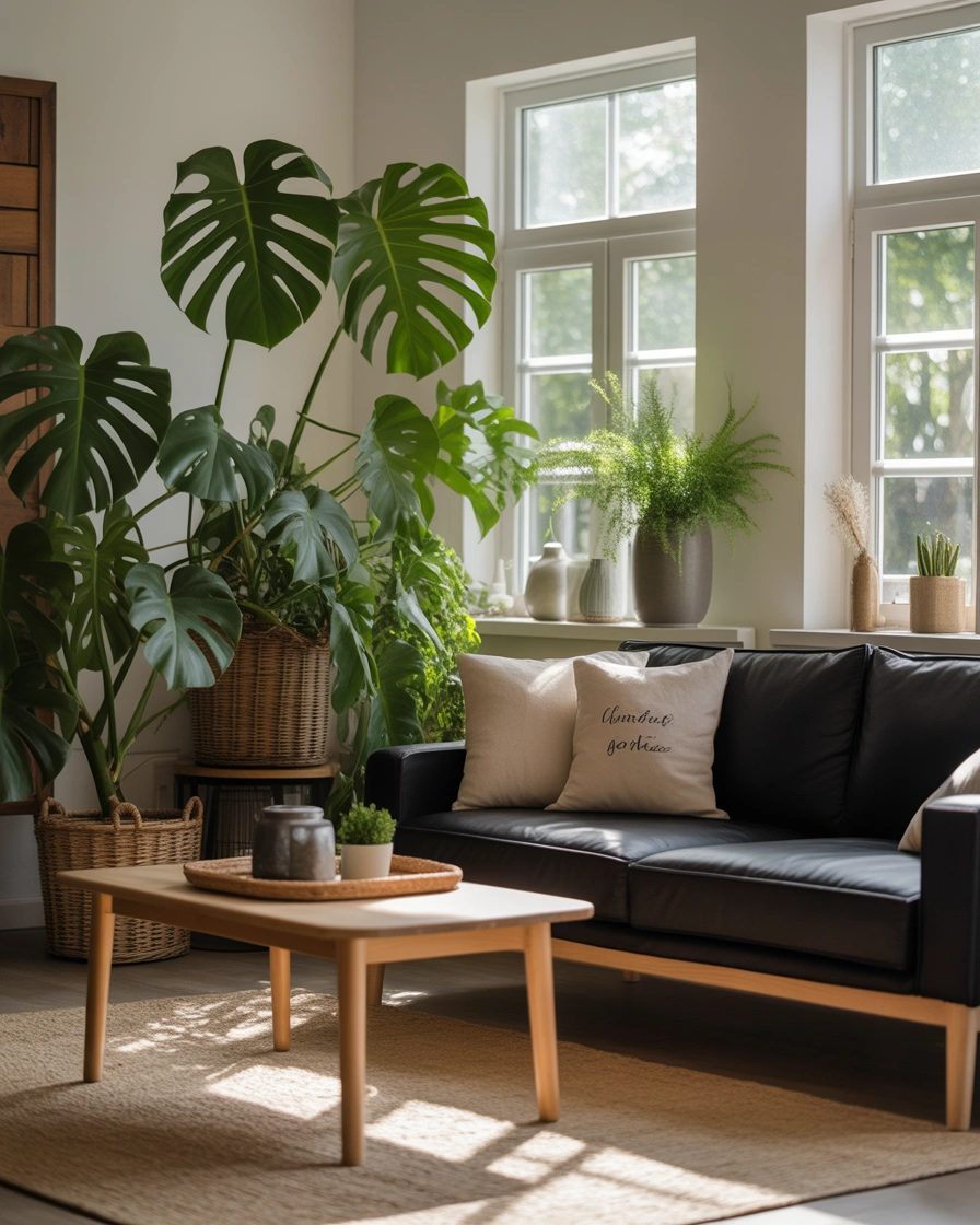 Decorate a Black Sofa Living Room With Green Plants