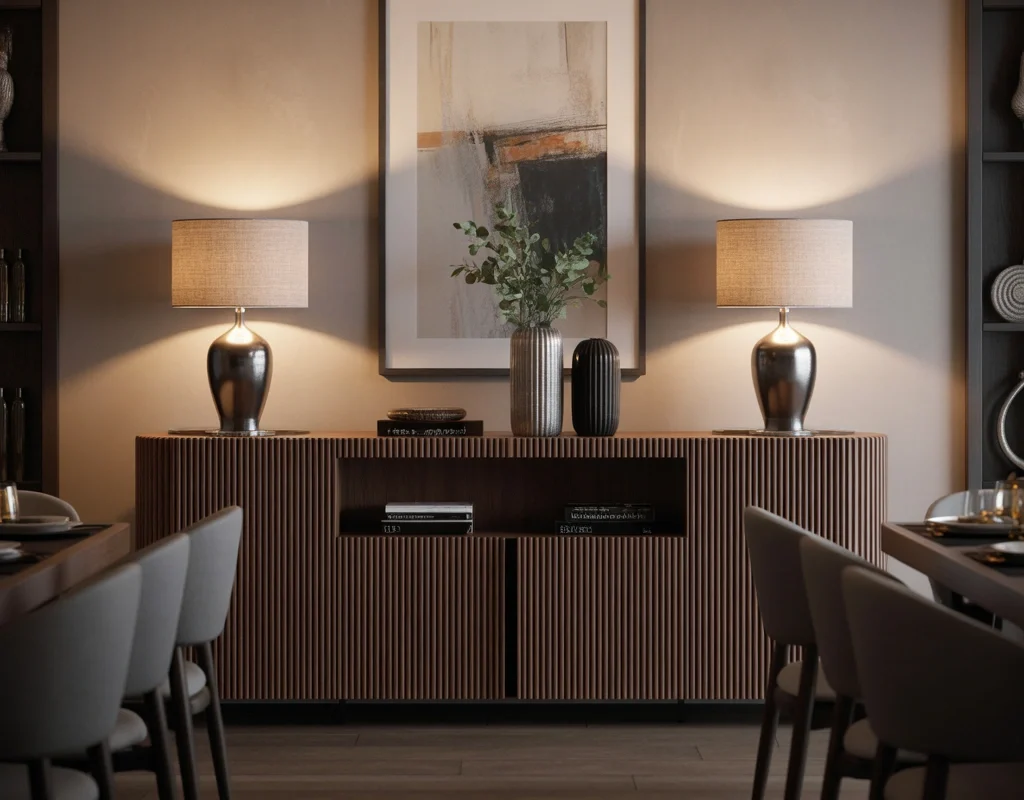 Decorate a Contemporary Dining Room Buffet With Two Black Lamps for a Bold Statement