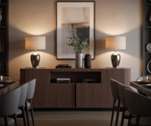 Decorate a Contemporary Dining Room Buffet With Two Black Lamps for a Bold Statement