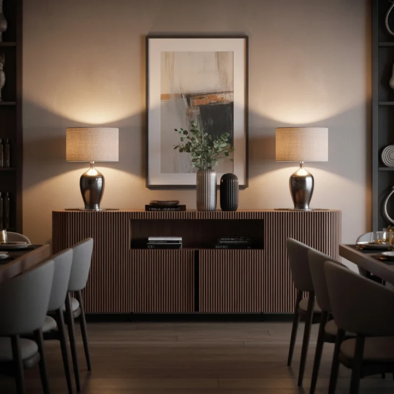 Decorate a Contemporary Dining Room Buffet With Two Black Lamps for a Bold Statement
