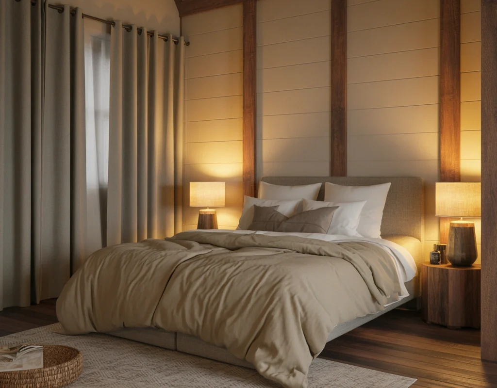 Design a Cozy Bedroom With Warm Gray Curtains and Wooden Elements
