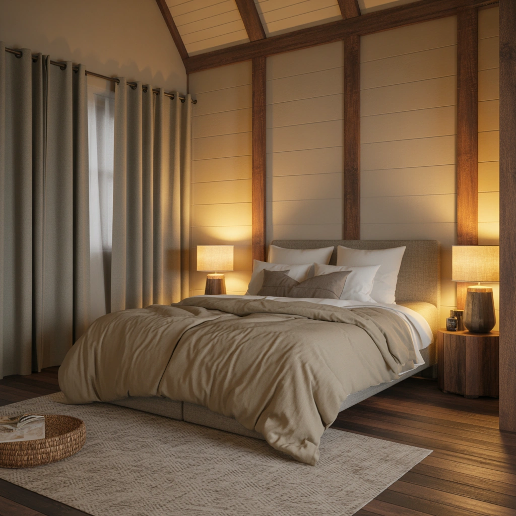 Design a Cozy Bedroom With Warm Gray Curtains and Wooden Elements