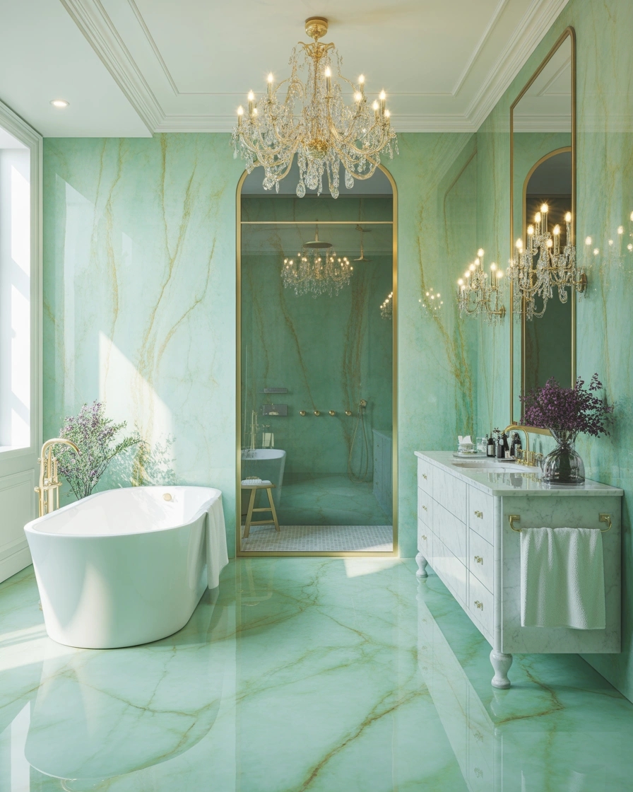 Design a Luxurious Seafoam Green Bathroom With Marble Details