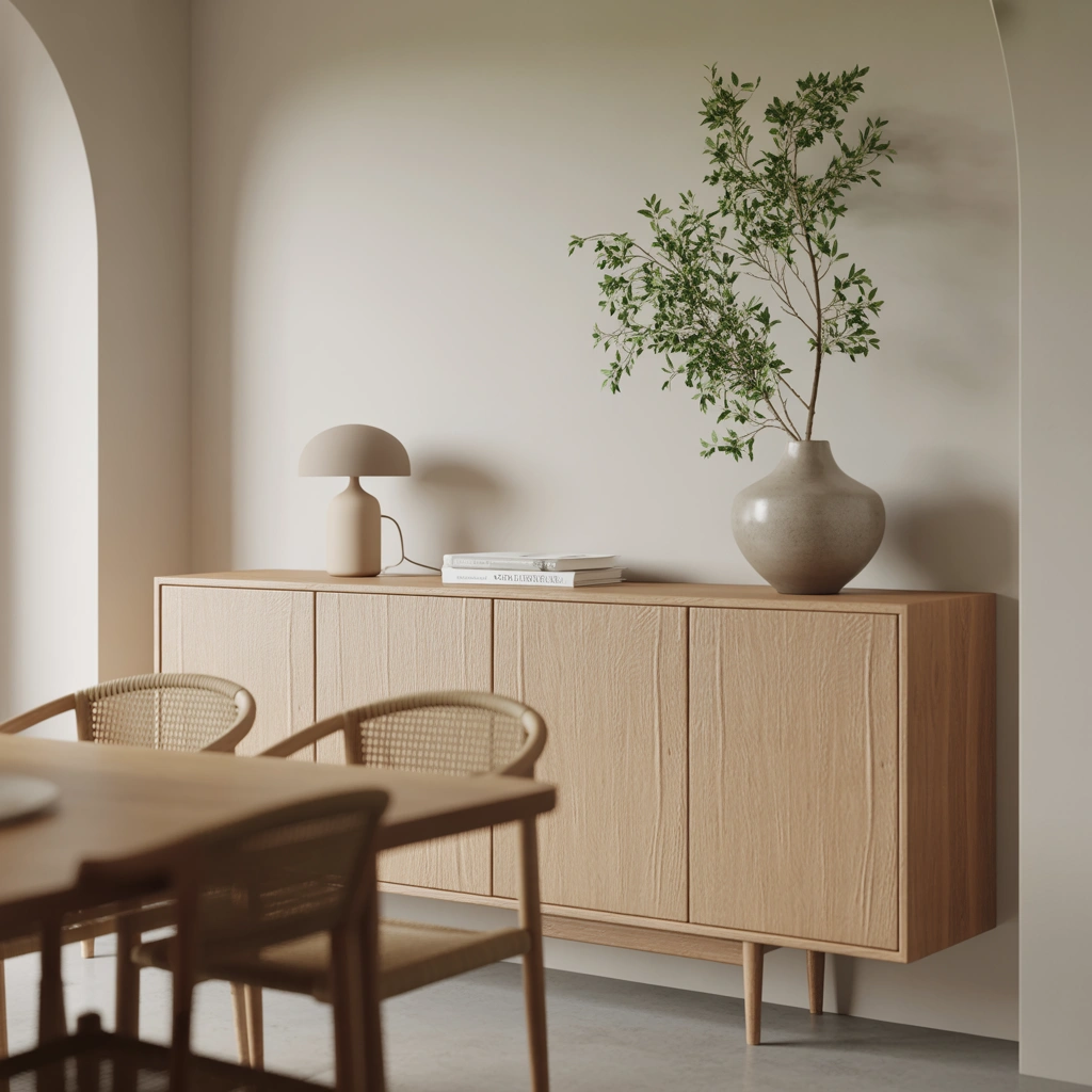 Design a Minimalist Buffet With Two Lamps and Natural Decorative Elements