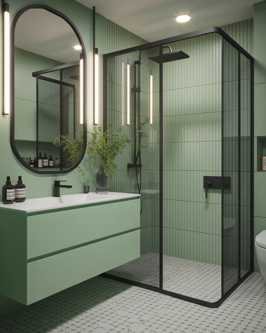 Design a Seafoam Green Bathroom With Black Accents for a Modern Contrast