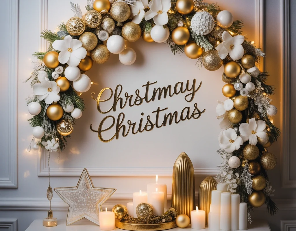 Design an Elegant Christmas Board Decoration Using Gold and White Colors
