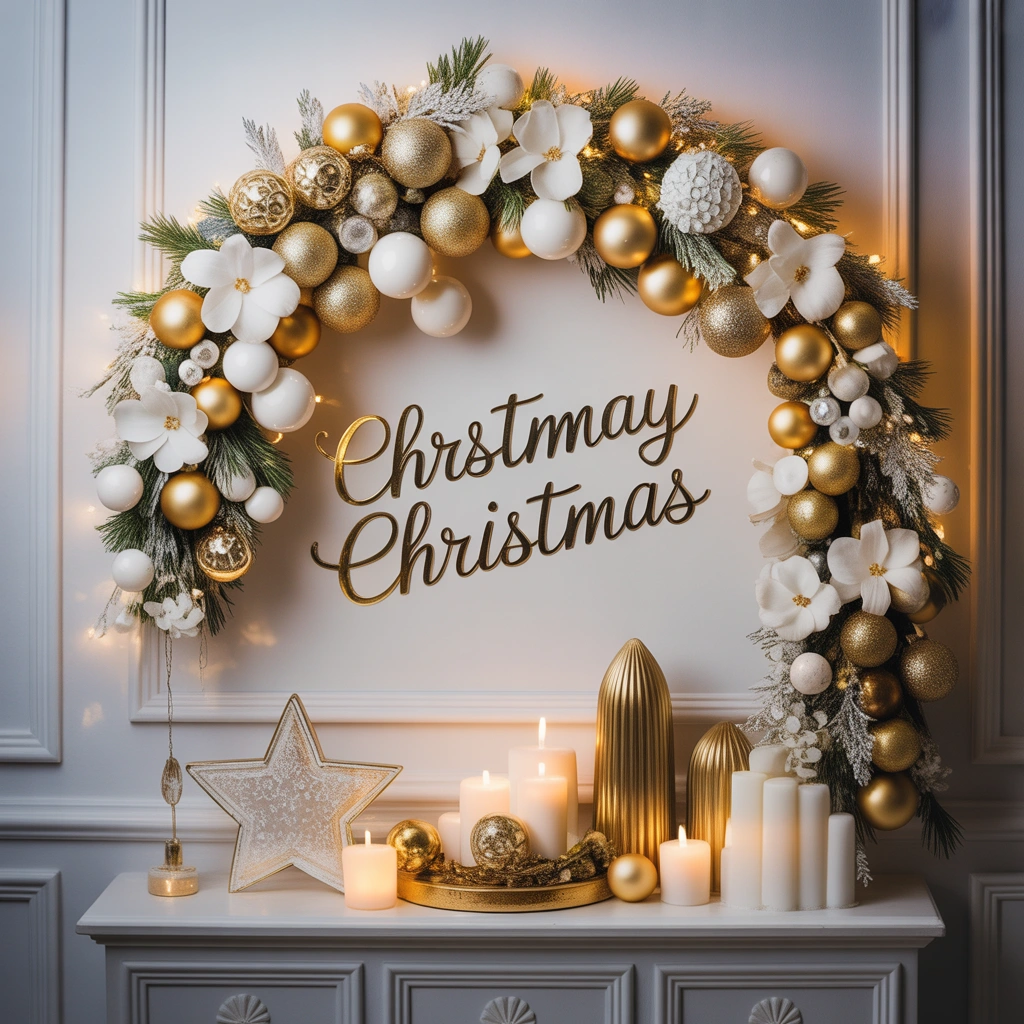 Design an Elegant Christmas Board Decoration Using Gold and White Colors