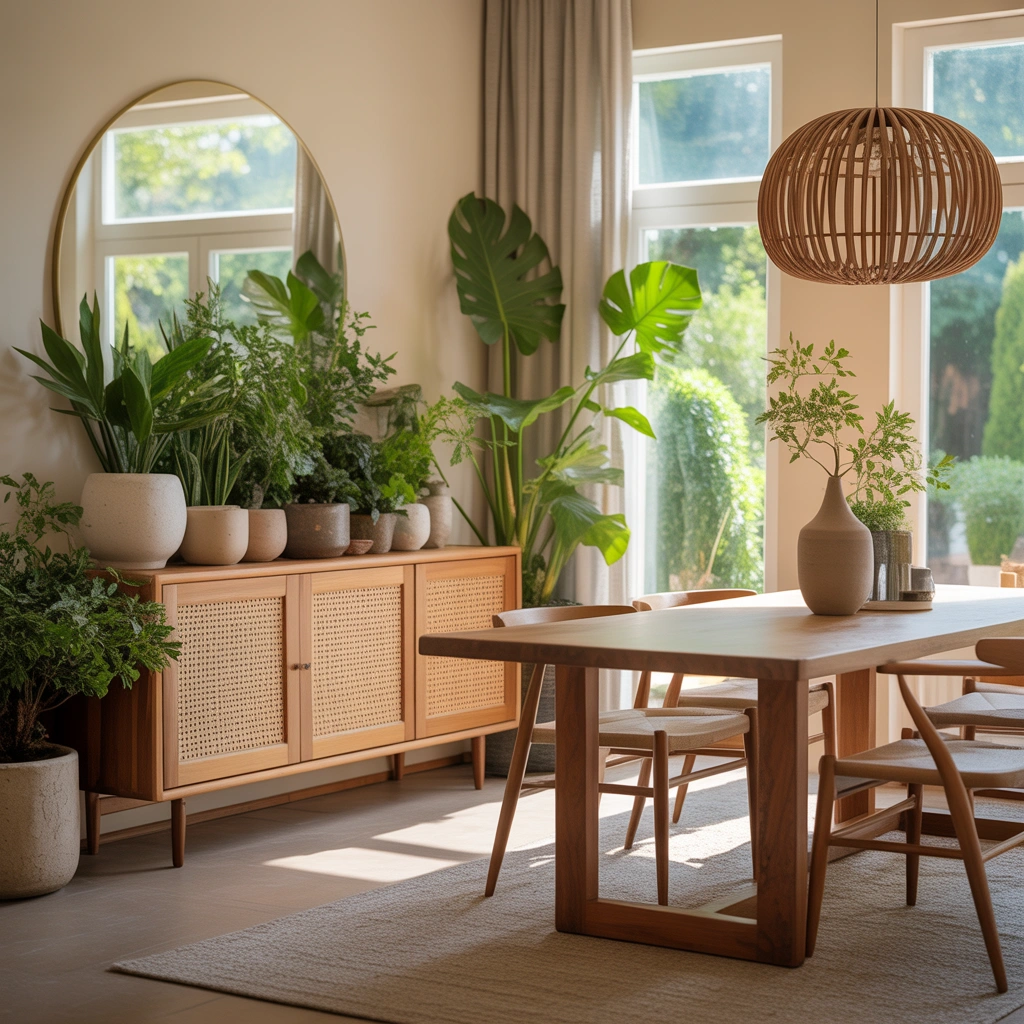 Dining Room Buffet Decor With Indoor Plants and Greenery