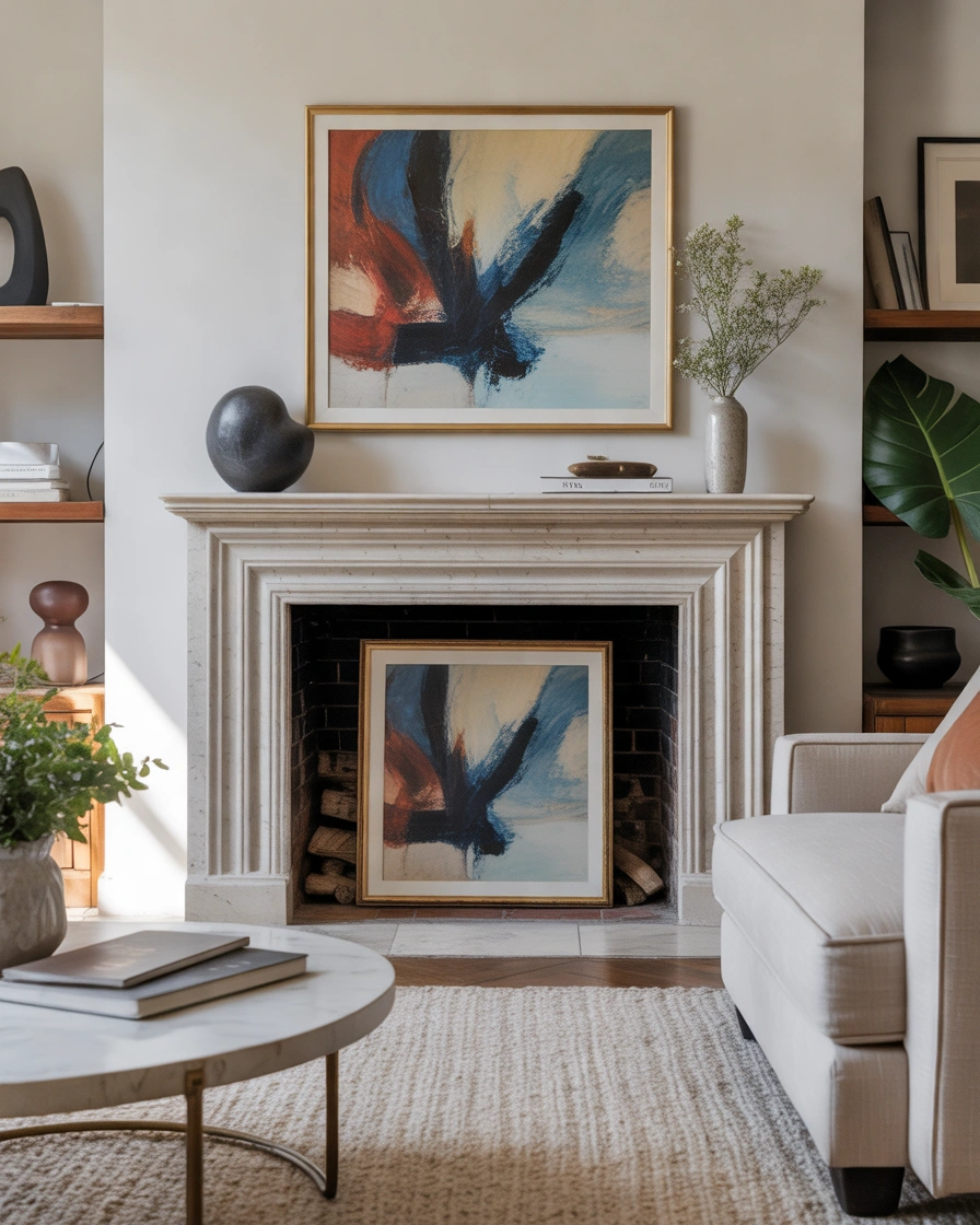 Display Artwork Inside Your Empty Fireplace for a Creative Statement