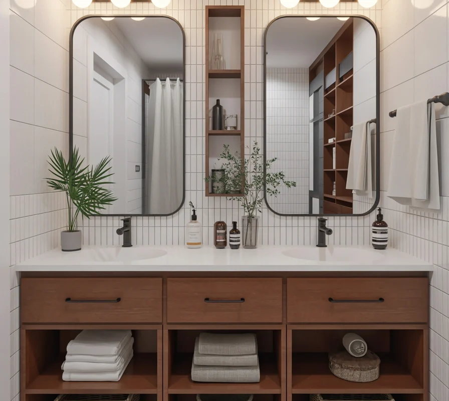 Double Sink Bathroom Vanity With Open Shelving for a Stylish Storage Solution