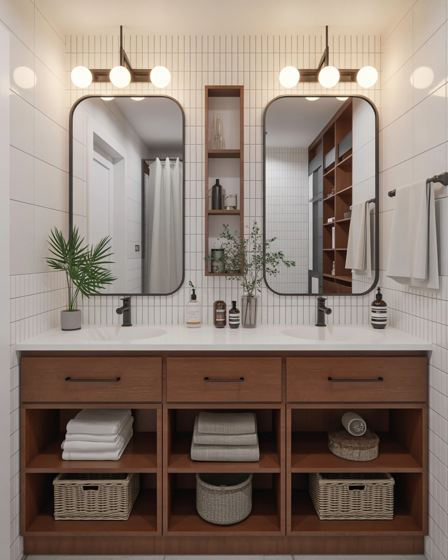 Double Sink Bathroom Vanity With Open Shelving for a Stylish Storage Solution