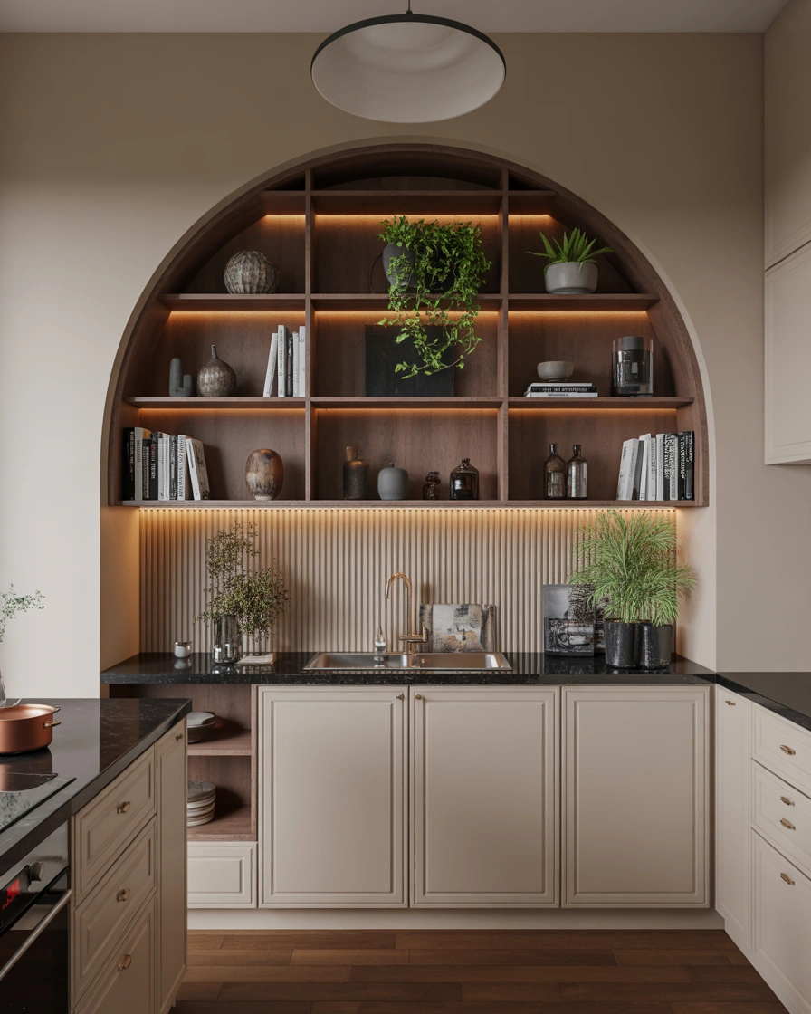 Elegant Arched Kitchen Opening With Built In Shelves
