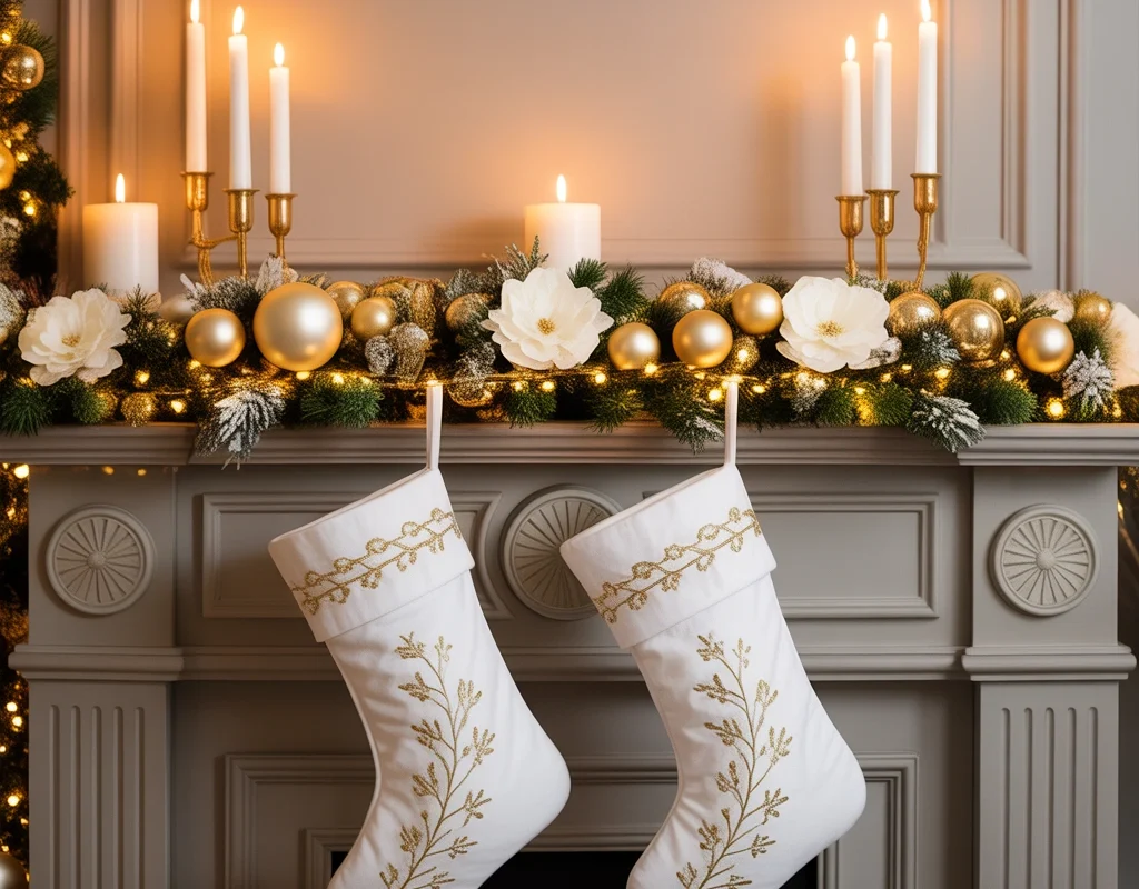 Elegant Gold and White Christmas Socks Decoration