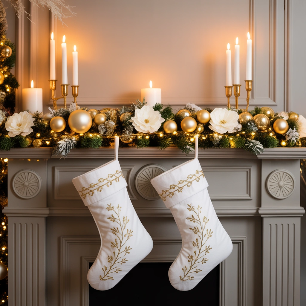 Elegant Gold and White Christmas Socks Decoration