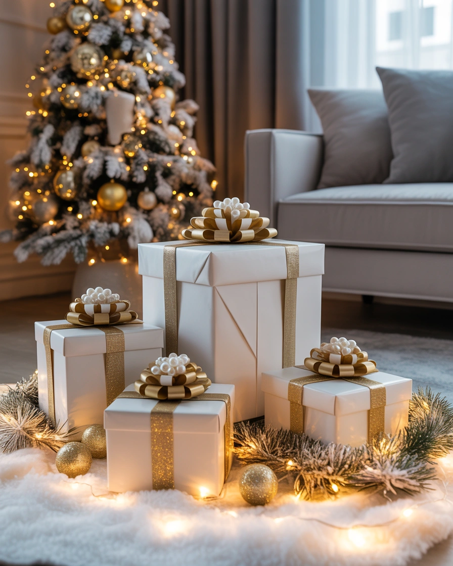 Elegant White and Gold Christmas Box Decoration