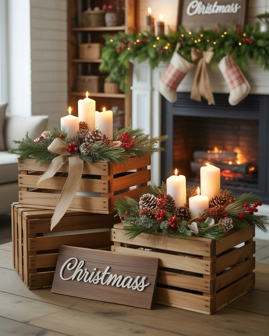 Farmhouse Christmas Crate Box Decoration With Greenery and Candles