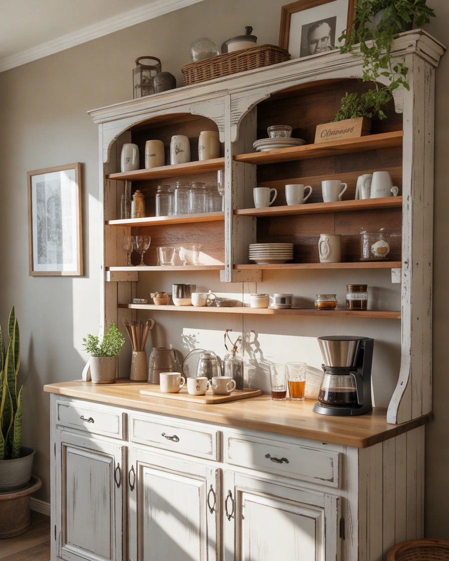 Farmhouse Coffee Bar Hutch With Rustic Wooden Charm