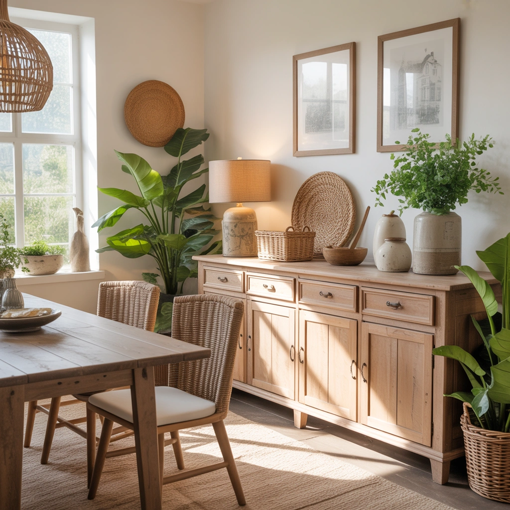 Farmhouse Dining Buffet Decor With Natural Elements