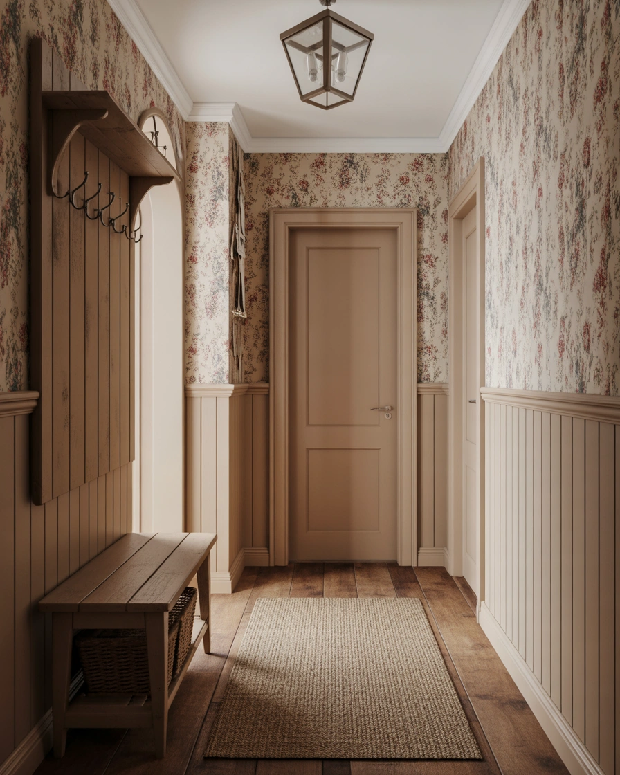 Farmhouse Hallway With Rustic Wood Panelling and Vintage Wallpaper