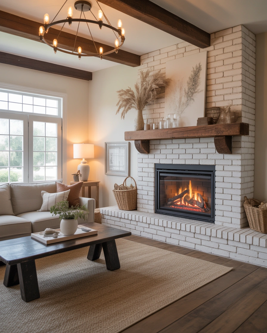 Farmhouse Style Gas Fireplace With Wooden Mantel