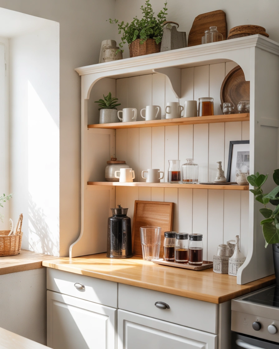 Farmhouse White Coffee Bar Hutch With Open Shelving