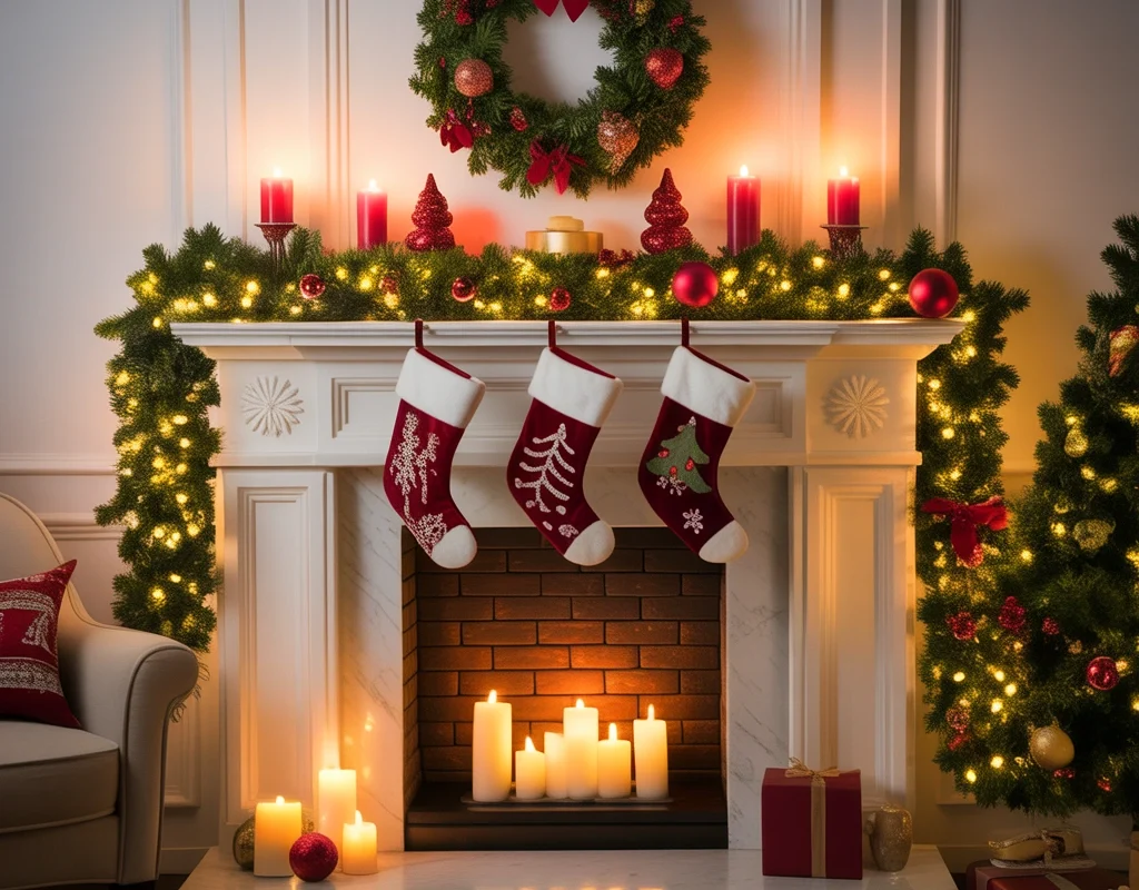 Fireplace Mantel Christmas Socks Decoration With Candles