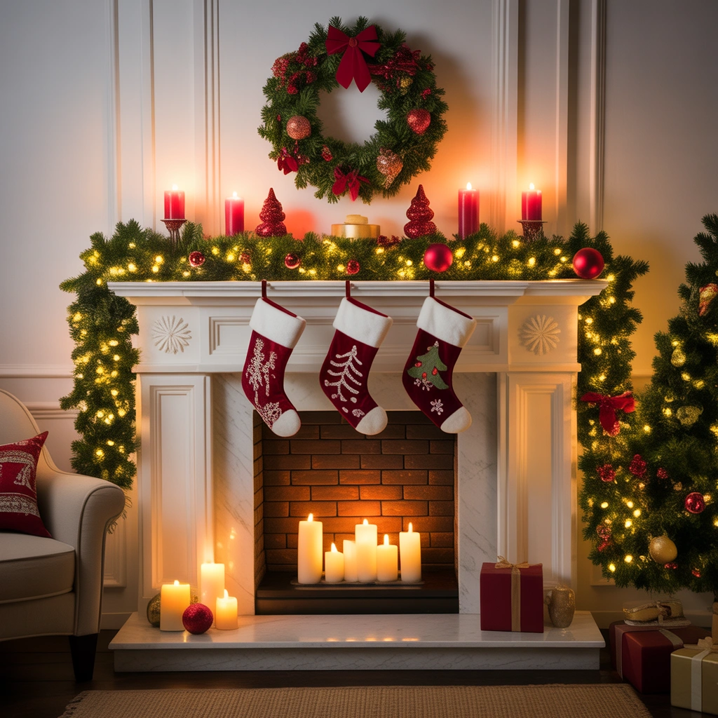 Fireplace Mantel Christmas Socks Decoration With Candles