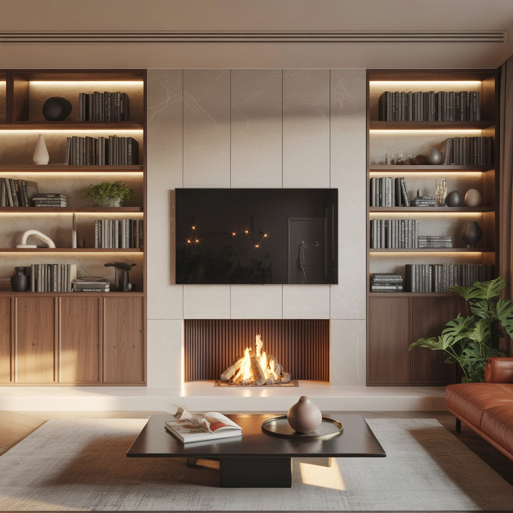 Fireplace Wall With Built In Shelving and Storage