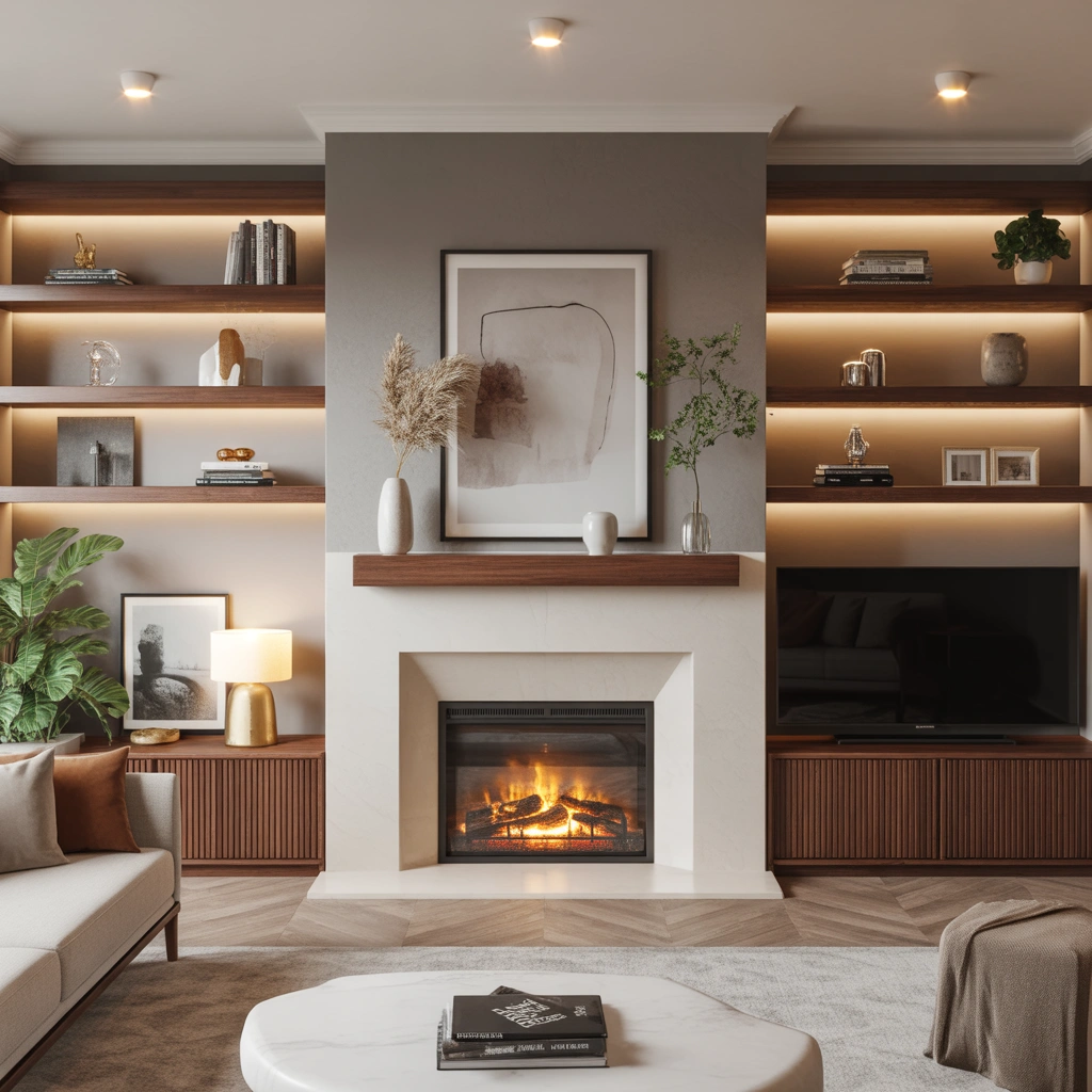 Fireplace Wall With Floating Shelves and Decorative Styling