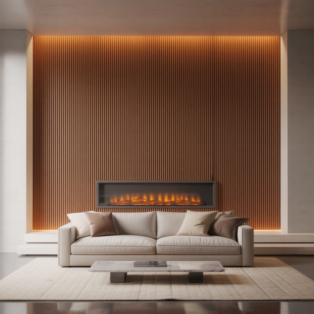 Fireplace Wall With Vertical Slat Panels for a Modern Designer Look