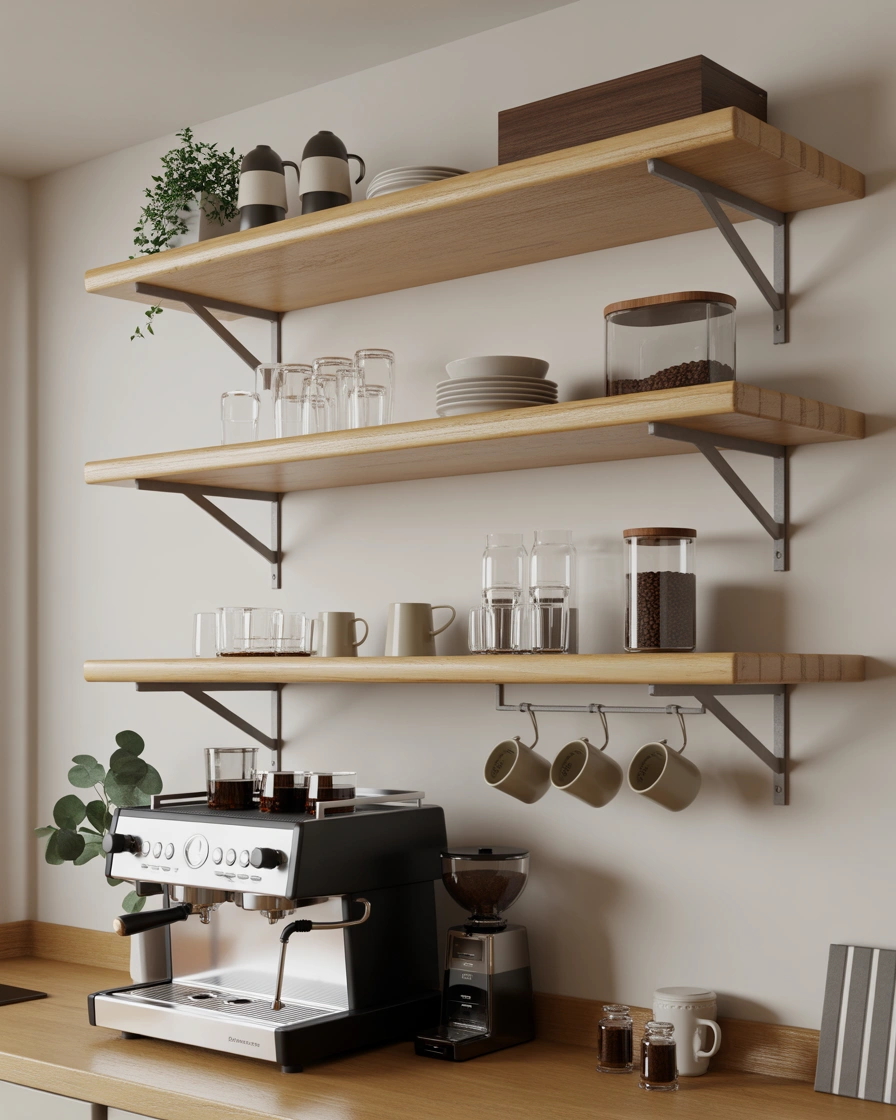 Floating Wooden Shelves for a Warm Coffee Bar Look