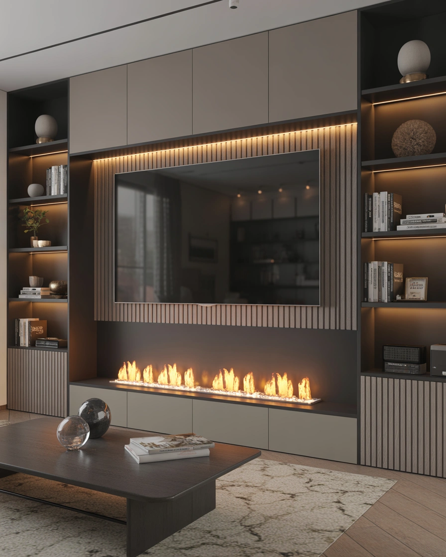 Gas Fireplace Built Into an Entertainment Wall