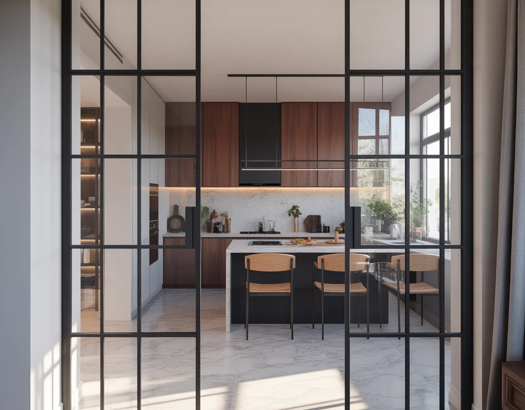 Glass Frame Open Kitchen Entrance Design