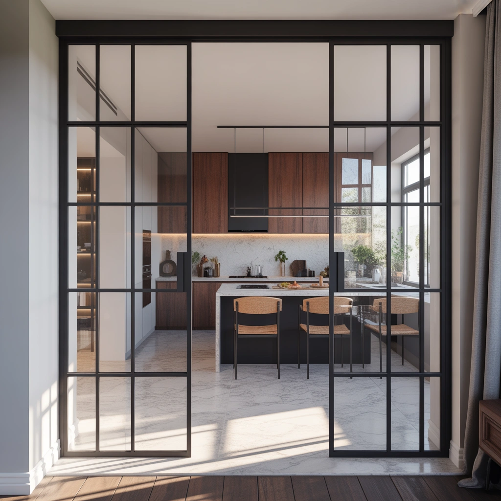 Glass Frame Open Kitchen Entrance Design