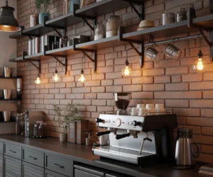 Industrial Style Coffee Bar Shelf With Metal Accents
