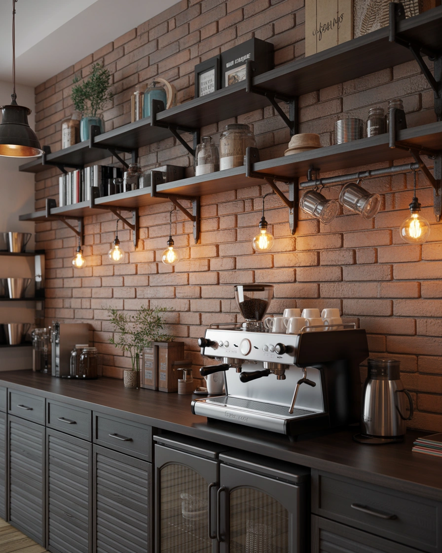 Industrial Style Coffee Bar Shelf With Metal Accents