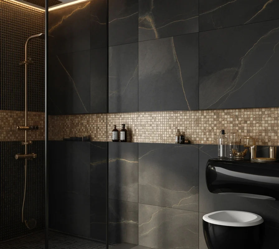 Install Black Bathroom Tiles With Gold Accents