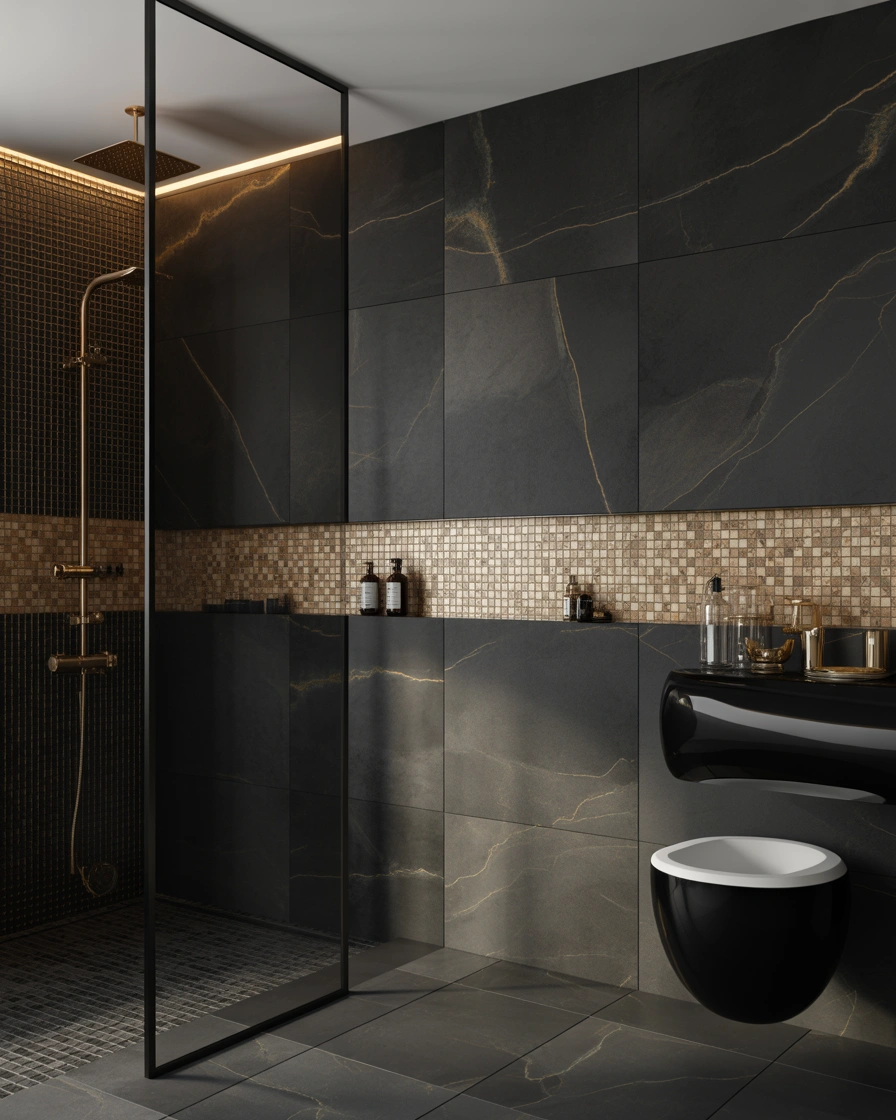 Install Black Bathroom Tiles With Gold Accents