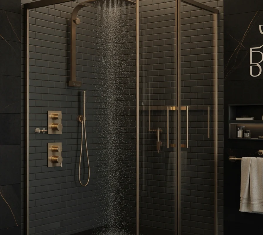 Install Gold Shower Fixtures Against Black Tiles