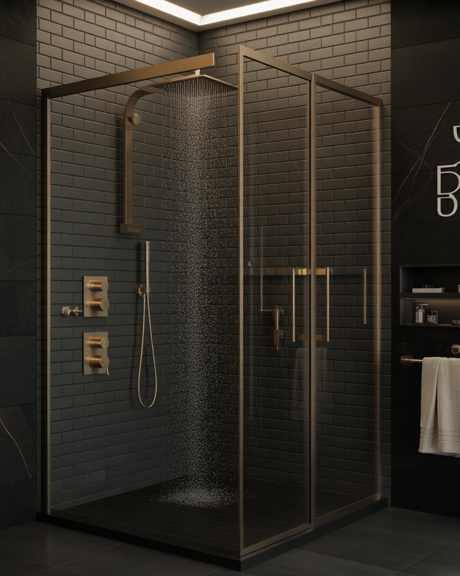 Install Gold Shower Fixtures Against Black Tiles