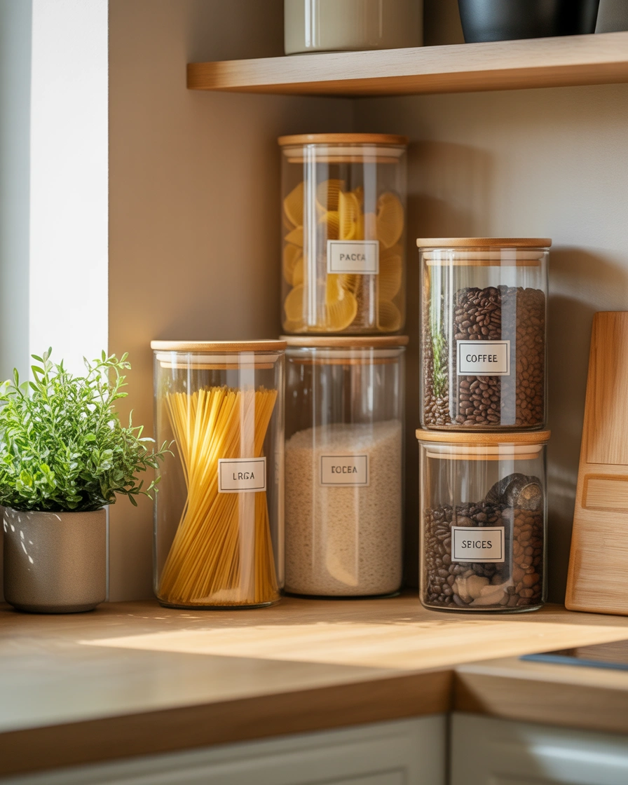 Install a Corner Shelf With Beautiful Glass Jars and Storage Containers