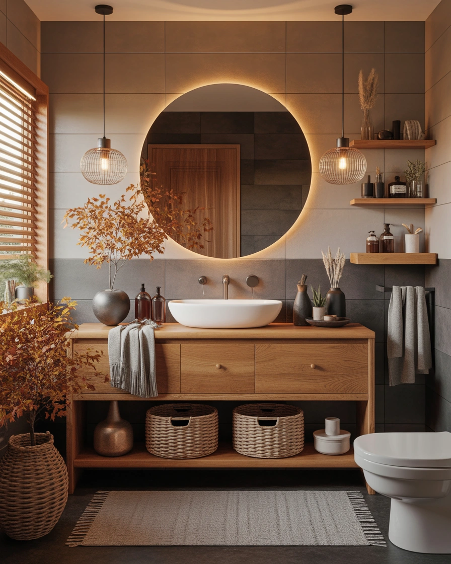 Introduce Wooden Elements for a Natural Autumn Bathroom Makeover
