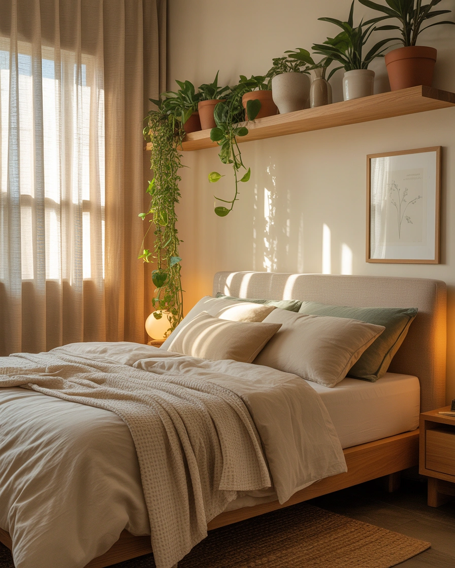 Let Trailing Plants Cascade From a Headboard Shelf