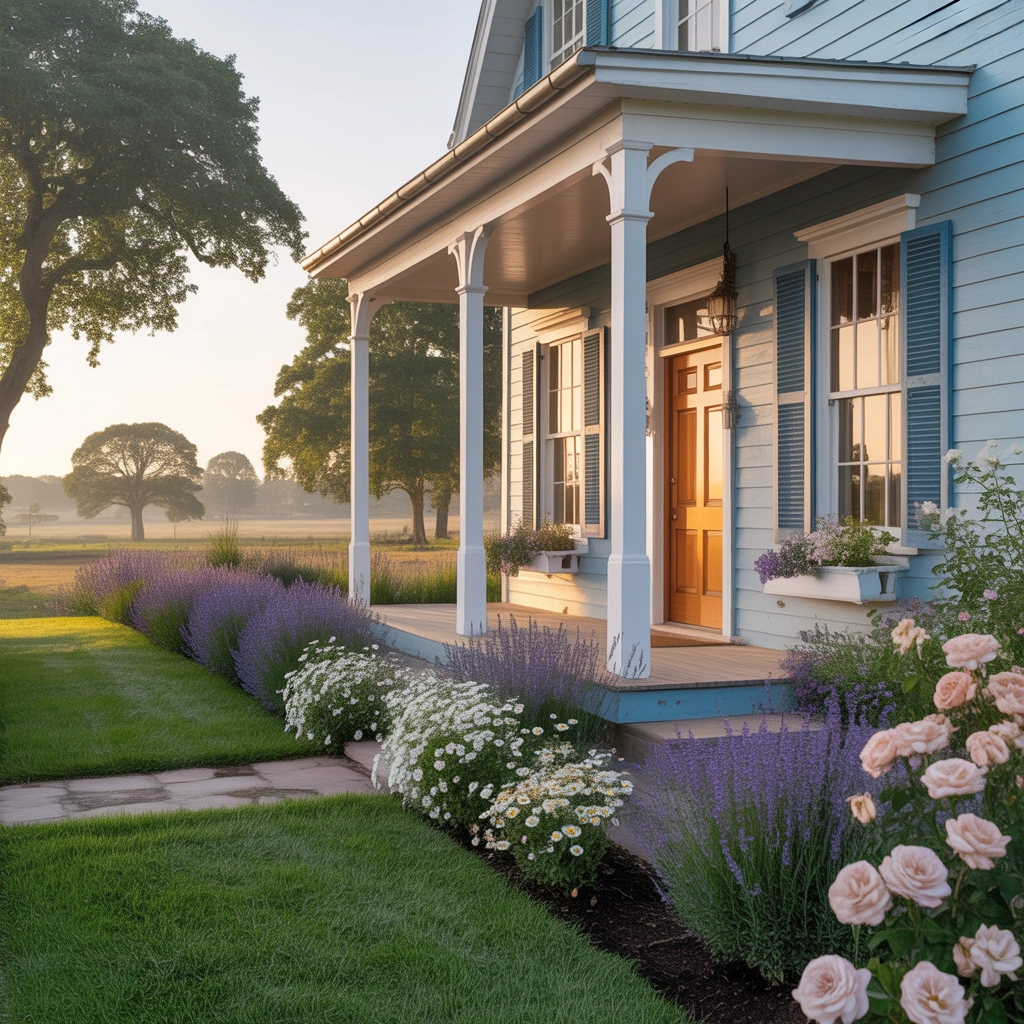 Light Blue Farmhouse Exterior Paint Color for a Fresh and Peaceful Home Style