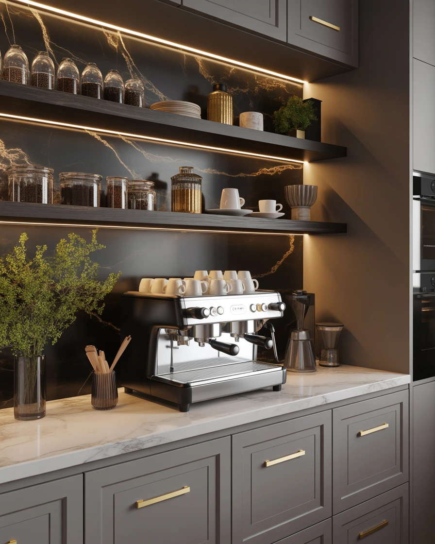 Luxury Coffee Bar Shelf With Elegant Decorative Details