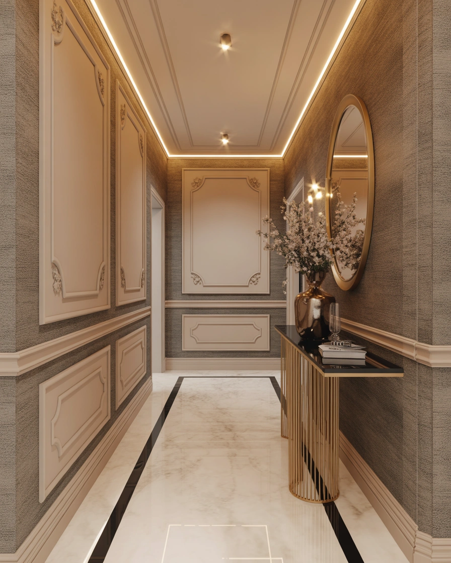 Luxury Hotel Style Hallway With Textured Wallpaper and Decorative Panels